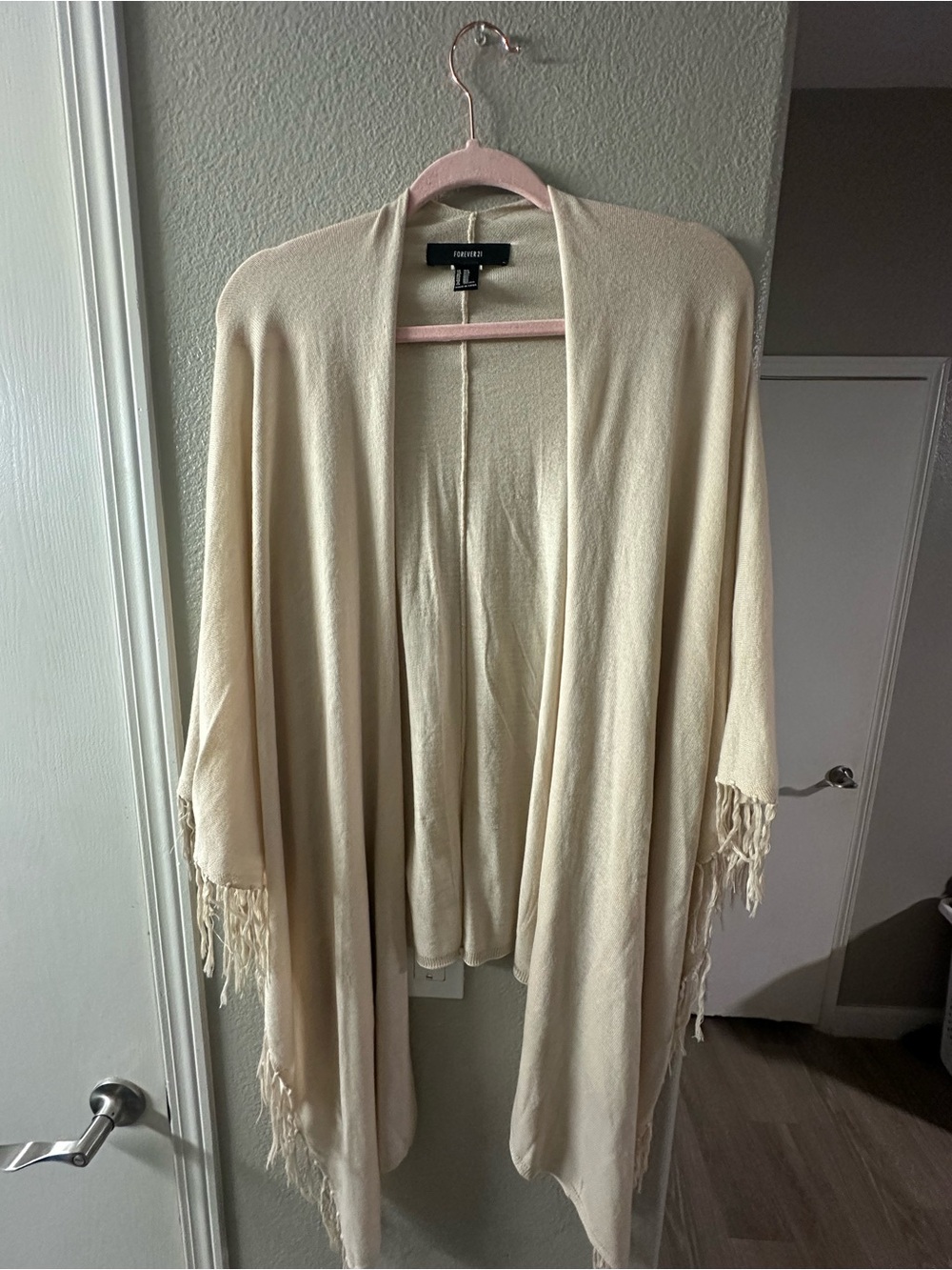Forever 21 Cream Fringed Open-Front Poncho Sweater